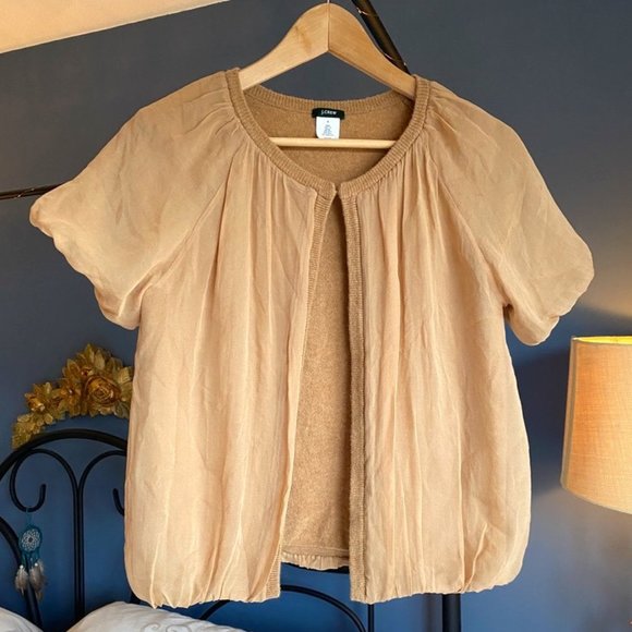 J Crew Camel 100% Silk w Cashmere & Wool Short Sleeve Open Cardigan - Picture 5 of 11